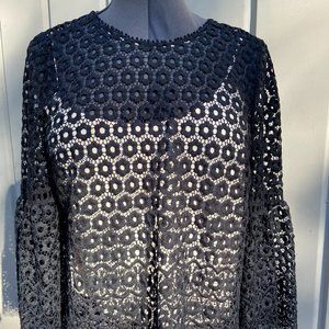 J Crew  Women's Lace/Knit Black Blouse with Bell Sleeves